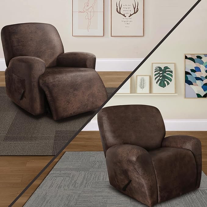 Leather Look Recliner Chair Covers Stay in Place 4-Piece Lazy Boy Recliner Slipcovers for Reclining Chair Furniture Protector Spandex Fabric Washable (Large, Dark Brown)