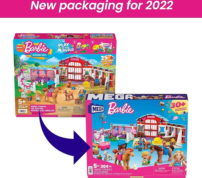 Mega Barbie Pets Horse Toy Building Set with 3 Micro-Dolls and Accessories, 9 Pets, Easy-to-Build Horse Stables Playset,