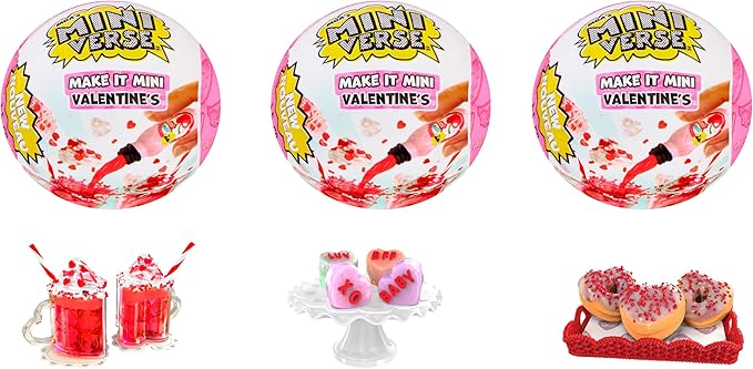 MGA's Miniverse Make It Mini Valentine's (3 Pack) Mini Collectibles, Mystery Blind Packaging, Valentine's Day, Seasonal, Sweetheart, DIY, Crafts, Resin Play, Replica Food, NOT Edible, Collectors, 8+