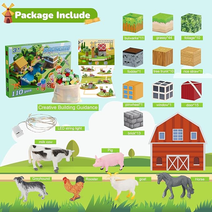 Magnetic Blocks 110PCS with 6 Animal Toys, Farm Building Blocks Set, Toys for Boys & Girls Age 4-6, 6-8, Stacking Building Toys for Toddlers Sensory Toy for Kids 3+