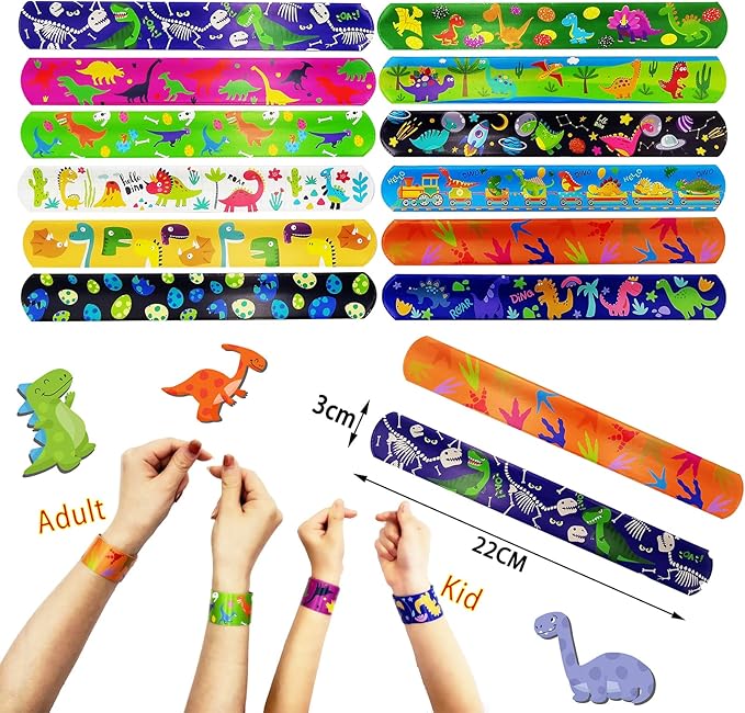 Viicoor 24 PCS Slap Bracelets Dinosaur Snap Bracelet Wrisrtband for Party Favors School Prizes Birthday Gifts Party Favors Bulk (10-Dinosaurs-24PCS)
