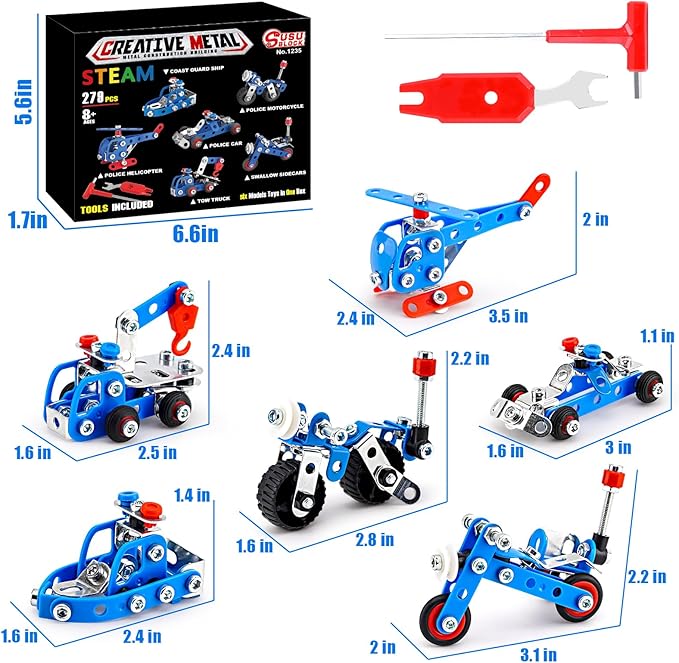 Stem Building Toys for Boys Age 8-12,Police Toys 6 Mini Metal Model Set for Kids,Erector Set for Boys Age 8-12,Assembly Science Kit Educational Gifts For Kids 8 9 10 11 12-16 Years Old（279 Pieces）