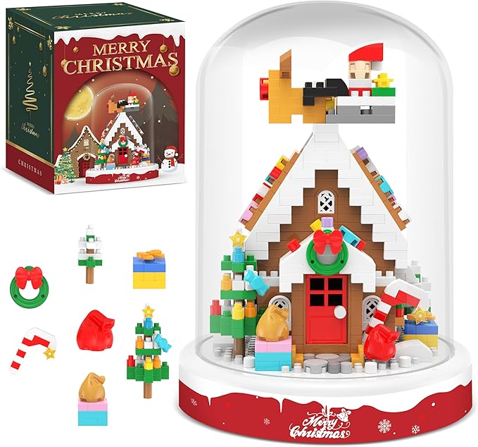 Christmas Gingerbread House Building Blocks Toy, 571 Pcs Building Sets Christmas Decoration with Dust Cover, Mini Building Kit, Holiday Display Gift for Christmas, Stocking Stuffers for Kids Adults