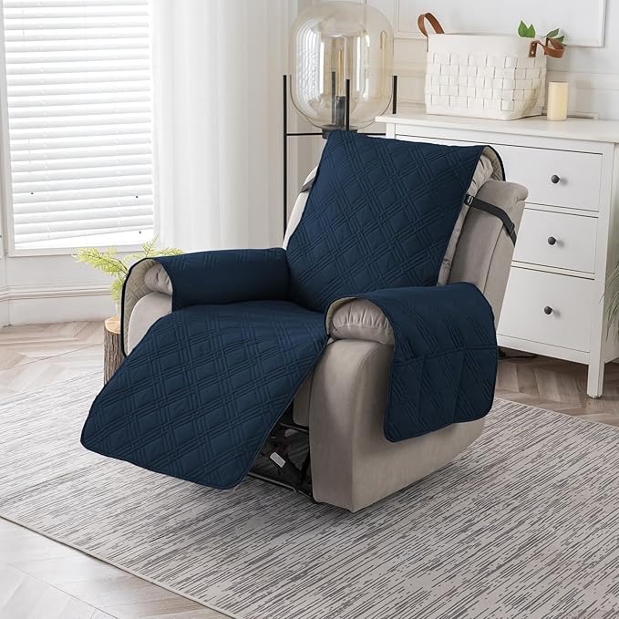 Easehomey 100% Waterproof Recliner Chair Covers, Non Slip Dog Chair Cover Furniture Protector Washable Chair Cover with Pocket, Elastic Straps for Kids,Pets,Dogs (Dark Blue, 23.6")