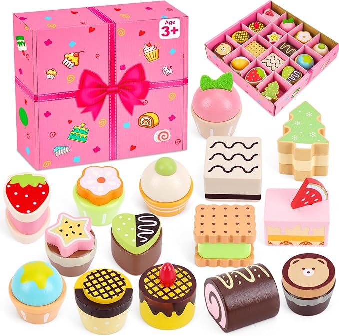 Wooden Cake Toys Tea Set Desserts Sets for Kids, Wooden Pretend Play Toys, Wooden Tea Party Set for Little Girls, Wooden Play Food Set Kitchen Accessories, Baking Gifts for 3 4 5 Years Old Girls Boys