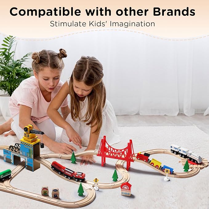 SainSmart Jr. Wooden Train Set - Interactive Police Playset for Kids | Building Toy with Train, Figures & Accessories | Compatible with Brio, Thomas, Melissa and Doug | Educational STEM Gift (Village)