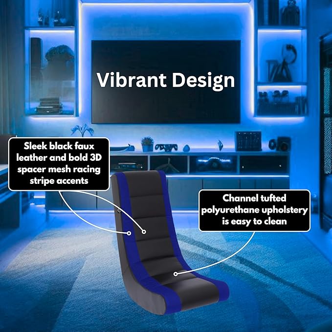 The Crew Furniture Classic Video Rocker Floor Gaming Chair, Kids and Teens, Racing Stripe PU Faux Leather & Polyester Mesh, Black/Blue