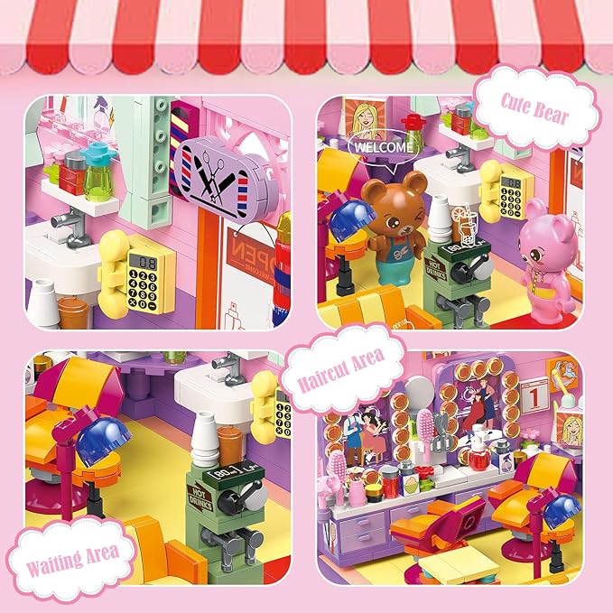 Friends House Building Block Set, Bear Hair Salon Business City View Small Brick Model, Mini Construction Toy, Hobbies Christmas Birthday Gift Teens Children Kids Boys Girls 6+, 583pcs