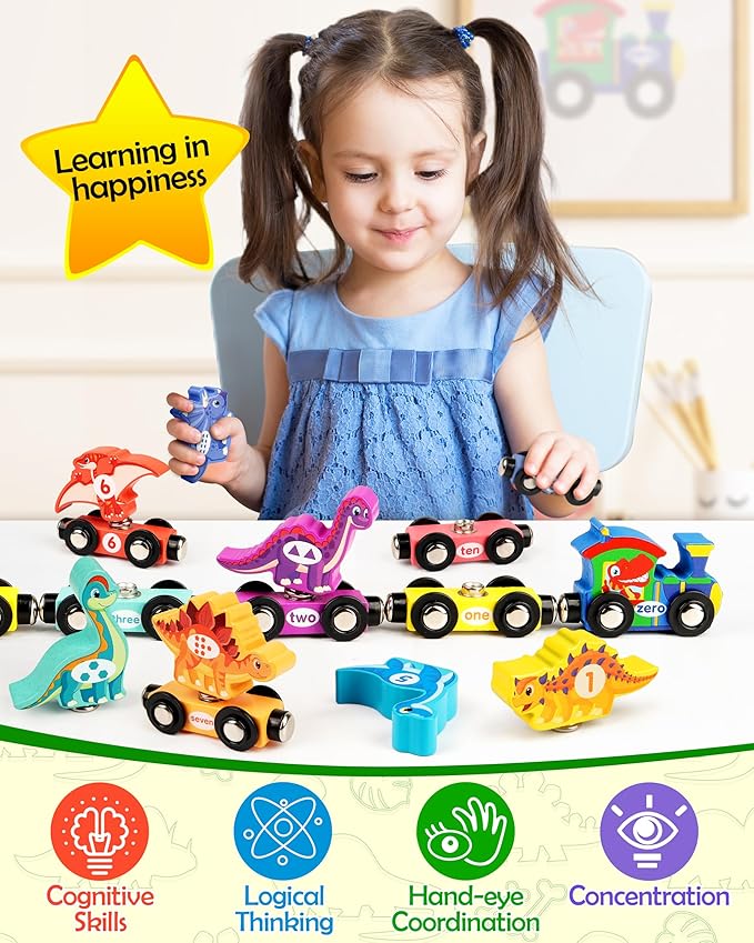 Vanmor Wooden Dinosaur Train Set for Toddlers - Magnetic Dinosaur Toys and Number Train, Perfect for Toddler Activities, Birthdays, and Educational Gifts for Boys Aged 3-5,Dinosaur Easter Gift