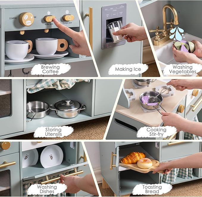 ROBUD Wooden Play Kitchen for Kids Toddlers, Corner Wooden Play Kitchen with Fridge, Ice Maker, Coffee Maker, Juicer, Oven, Dishwasher, Microwave, Utensils, Gift for Ages 3+