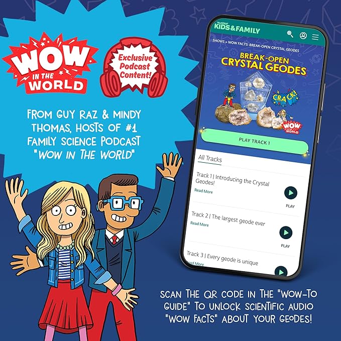 Wow in The World – 10 Real Break-Open Crystal Geodes with Display Case – Bonus Goggles & Magnifying Glass, Companion Audio Content, STEM Toy for Boys & Girls 6+ by Thames & Kosmos