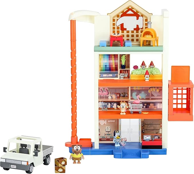 Bluey Hammerbarn Shopping Center Mega Set, 4 Level, 22" Tall Playset with Working Lift and Trolley Return, Lights and 45+ Sounds. 3 Figures. 15 Accessories & Tradie Ute Vehicle | Amazon Exclusive