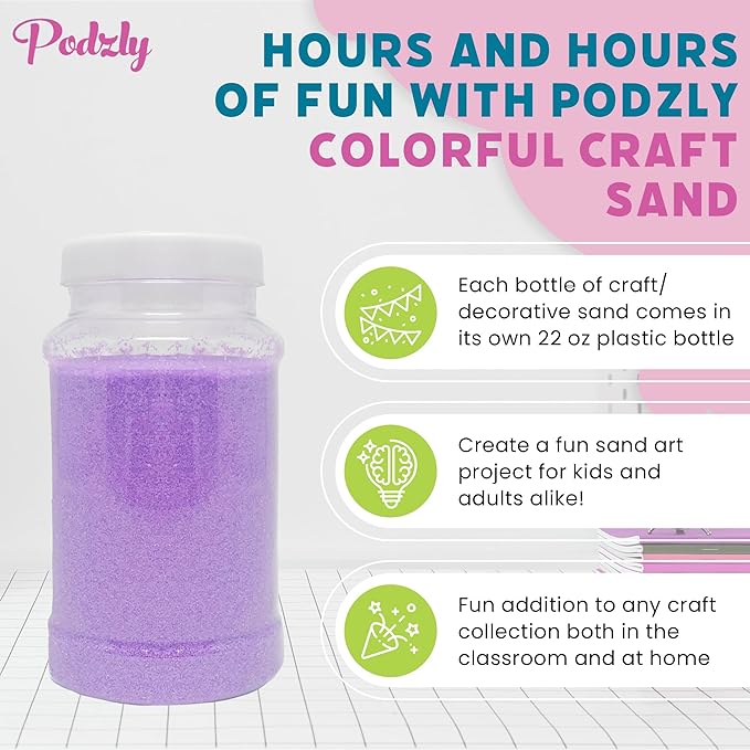 Podzly 16.5 Pound Colored Play Sand - Assorted Colorful Craft Art Available in 12 Colors! Perfect for Sand Art, Crafts, Kids' Projects, Rangoli Colors, and DIY Kits for Kids. Explore Your Creativity!