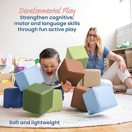 ECR4Kids SoftZone Patchwork Toddler Building Blocks, Foam Cubes, Earthtone, 12-Piece
