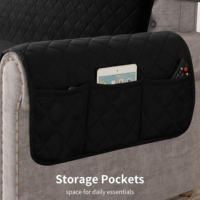 CHUN YI Loveseat Cover, Water Resistant Slipcover for 2 Cushion Couch, Washable Sofa Cover with Adjustable Strap Storage Pocket for Living Room Dog Pet (Loveseat, Black)