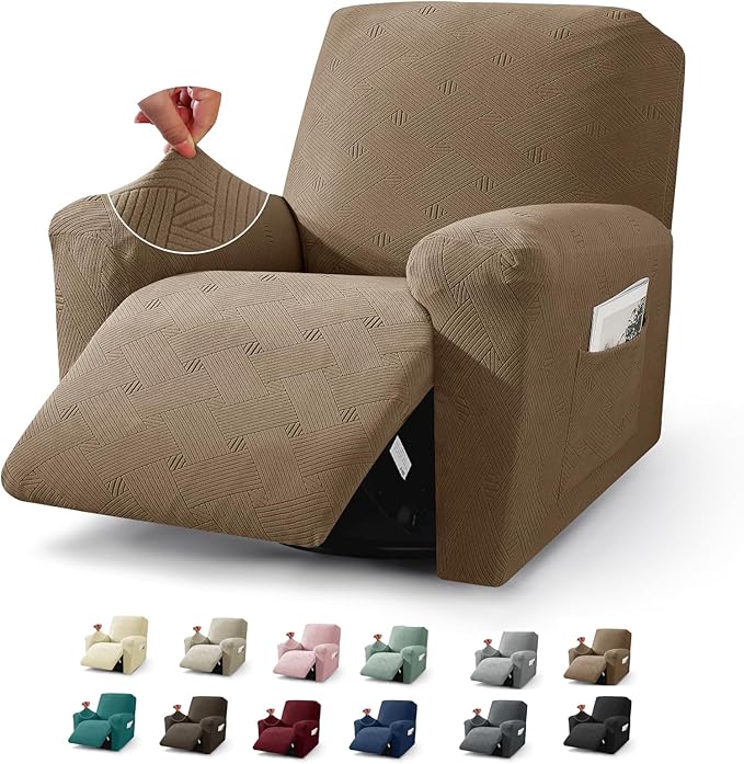 JIVINER Recliner Chair Covers, Jacquard 3 Piece Slipcovers for Recliner Chair Soft Stretch Lazy Boy 1 Seater Reclining Protector with Pockets (Recliner, Brown)