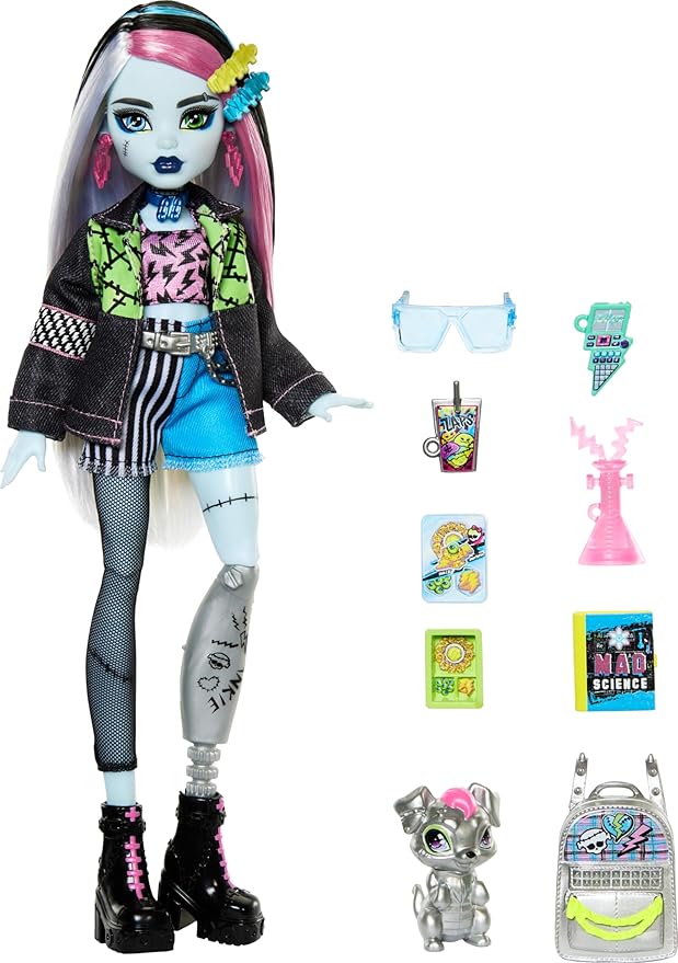 Monster High Frankie Stein Doll in Denim Jacket & Shorts, Includes Pet Dog Watzie & Accessories Like a Backpack, Snack & Notebook