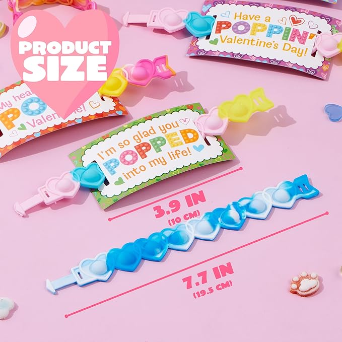 JOYIN 28 PCS Valentines Day Gifts for Kids, Valentines Cards with Heart Pop Bubble Bracelets, Stress Relief Fidget Toys for Girls Boys Toddler Valentines Classroom School Exchange Gifts Party Favor