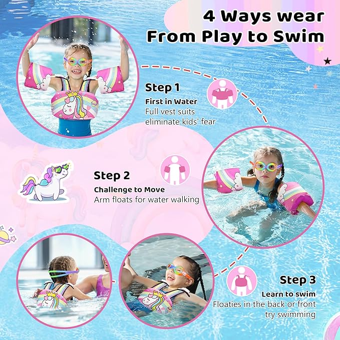 Vvinca Separable Toddler Swim Vest Fit 22-66 Lbs（1-6 Years）|2025 Newest 3 in 1 Pool Float & Arm Bands Boys and Girls, Adjustable Sturdy Safety for Infant 1 2 3 4 5 6 Year