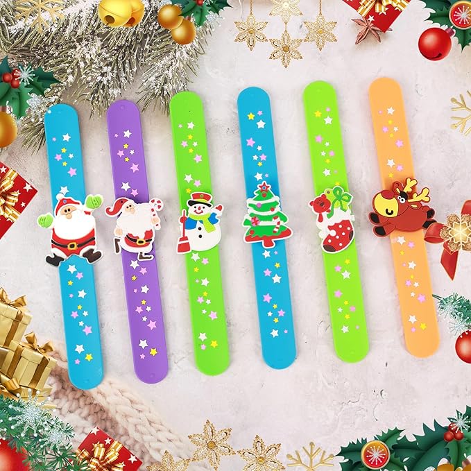 Welkin 6PCS Christmas Slap Bracelets For Kids,Colorful Silicone Bracelet, Soft and Safe Slap Bracelets Party Decorations Favors，Kids Christmas Party Gift