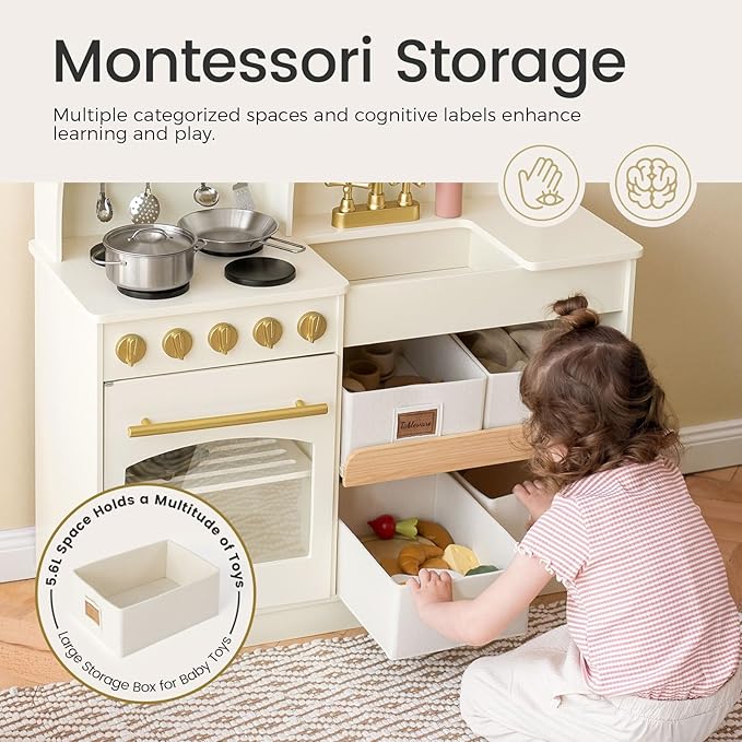 Tiny Land Play Kitchen for Kids, Wooden Play Kitchen with Toy Storage System, Toy Kitchen Set with Plenty of Play Features, Kids Play Kitchen Designed, Gift for Ages 3+
