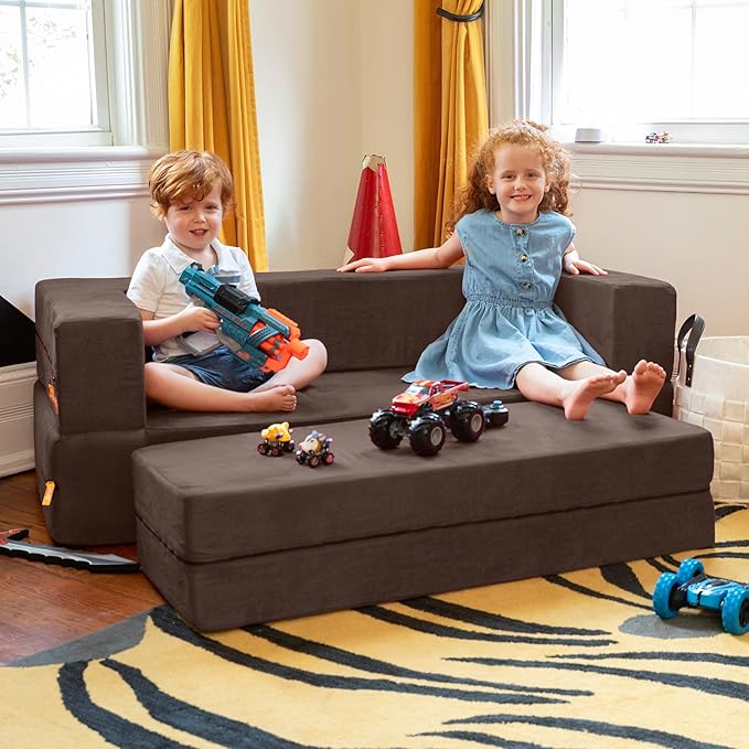 Jaxx Zipline Kids Sofa & Large Ottoman 3 in 1 Fold Out Sofa, Big Kids Edition Chocolate