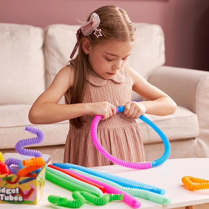 JOYIN 18 Pack Pop Tubes, Sensory Toys（Small） Fidget Tubes Party Favors - 9 Colors, Connectable and Extendable for Stress Relief - Perfect for Party, Classroom Exchange, School Reward