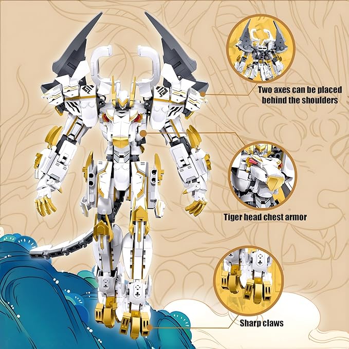 Mech Robot Building Blocks Set for Adults, Flexible Cool White Tiger Warrior Model Kit with Two-Handed Axes Weapon Toy Playset, 679 pcs Creative Mythical Ninja Gifts for Man Boys Ages 12-14