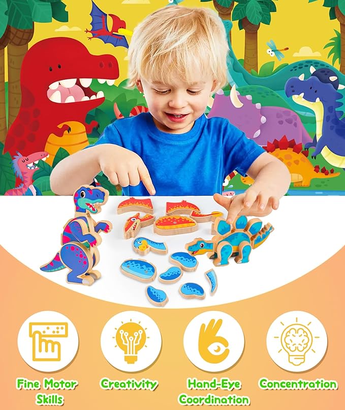 Dinosaur Building Blocks Set, Wooden Dino Blocks, Magnetic Dinosaur Builders, STEM Take Apart Dinosaurs Playset, Montessori Fine Motor Skills Educational Learning Toy Gift for 3 4 5 Years Kids