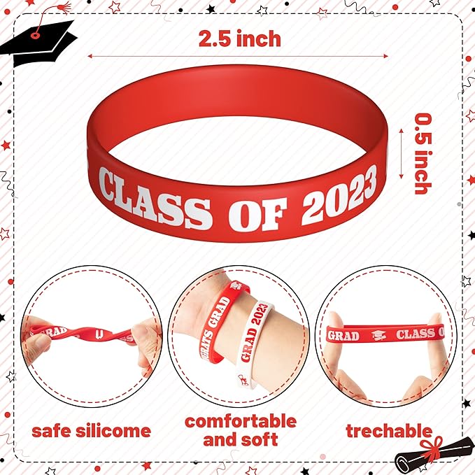 Haooryx 36PCS Class of 2023 Graduation Silicone Bracelets Colorful Congrats Grad Rubber Bracelet Graduating Celebrating Wristbands for Teens Students School College Graduation Party Supply(Red)