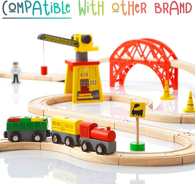 Wooden Train Sets for Boys 2-4-7 – 38 Pcs Wood Train Set for Toddlers w/Crane, Bridge & Wooden Train Tracks – Train Toys for 3 Year Old Boys & Girls – Fits Thomas Brio IKEA Melissa and Doug