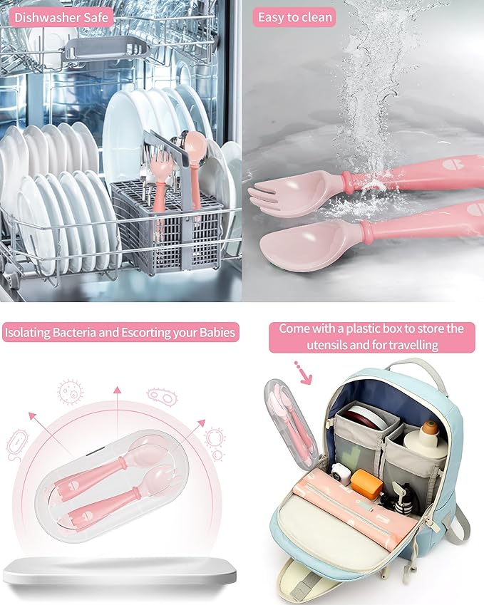 Deejoy Toddler Utensils with Travel Safe Case, Silicone Baby Spoons and Fork Set for Self Feeding, Toddlers Feeding Training Spoon, Easy Grip Heat-Resistant, Bendable Function (2 Sets, Green&Pink)