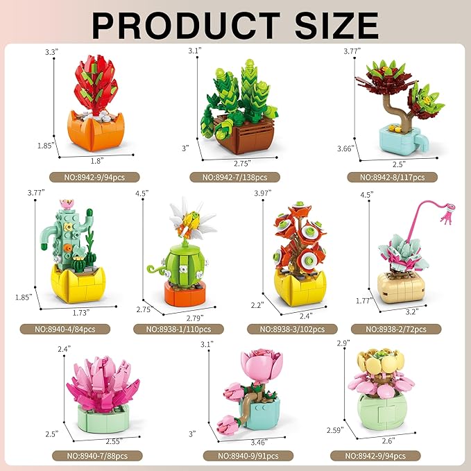Sawaruita 10 Pack Tiny Plants Succulent Flower Bonsai Building Set -Succulent Botanical Building Toys for Adult -Gifts for Mother's Day, Valentine's Day