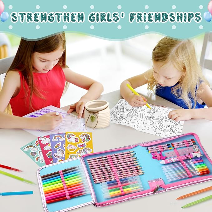 Unicorn Washable Markers Set with Glitter Pencil Case, Art Supplies for Kids Ages 4 5 6 7 8 9 10 Years Old, Arts Crafts Coloring Set with Crayon Pencil Gel Pen Stickers, Birthday Gifts for Girls 4-6-8