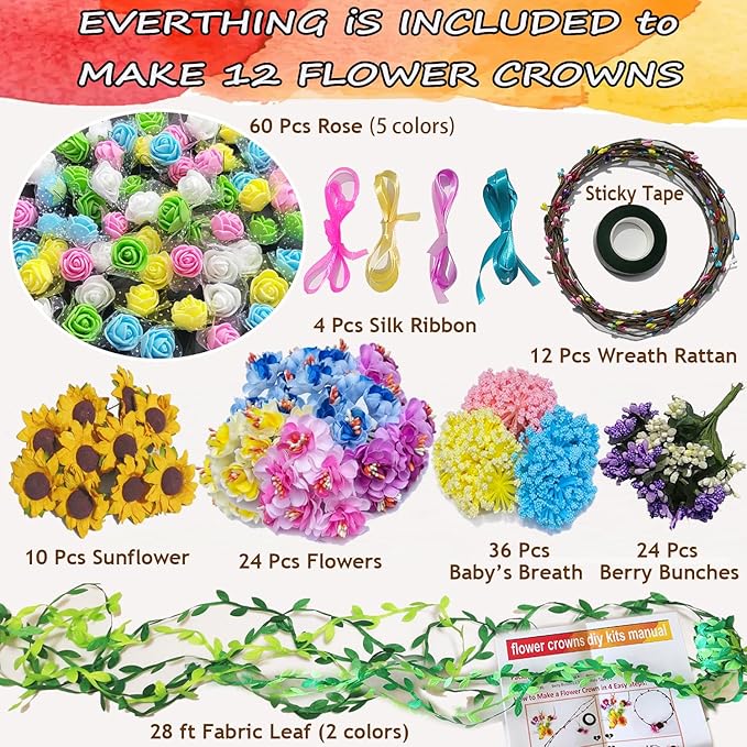 WUBOMJIO Flower Crowns Craft Kit, Make Your Own 12 PCs Flower Crowns Garland Handmade Arts and Crafts for Kids, DIY Fairy Flower Headbands and Bracelets,Hair Accessories Gift for Girls/Teens/Women