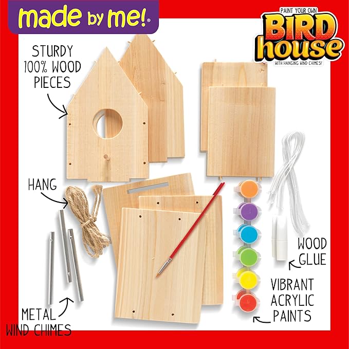 Made By Me Build & Paint Your Own Wooden Bird House Horizon Group USA, DIY Birdhouse Making Kit, Includes Paints, Brushes, Glue & Wind Chimes, Multicolor (46090F)