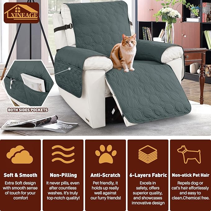 XINEAGE 100% Waterproof Recliner Chair Cover, Non Slip Covers for Recliner Chair with Pocket, Washable Dog Recliner Couch Cover with Elastic Straps (Dark Gray, 30")