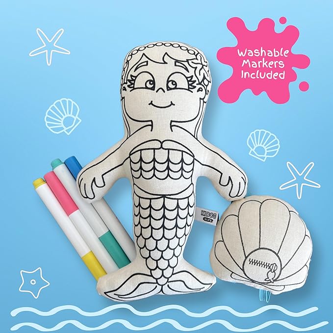 Kiboo Kids Color Your Doll - Coloring Toy for Kids - Educational Art and Crafts for Kids - Reusable Gift (9" Mermaid Doll with Mini Shell Doll Backpack and Washable Markers)