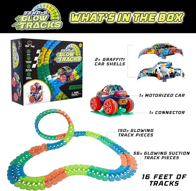 USA Toyz Zero-G Glow Race Track for Kids- 210pcs Glow in The Dark Flexible Race Track Set with Suction Cups, Slot Car, 2 Graffiti Toy Cars Shells, STEM Toy LED Car Tracks for Boys and Girls Age 3+