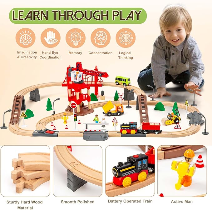 86pcs Wooden Train Set with Crane, Wooden Train Track Set Railway Kits Fits Thomas Brio IKEA Melissa and Doug, Christmas Train Toys for Kids & Toddlers 3-5 Years Old Boys and Girls