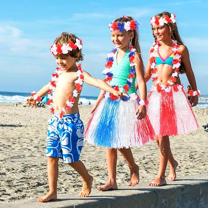 Fortuning's JDS Hawaiian Hula Grass Skirt for Girls Elastic Flower Costume Outfits for Summer Luau Beach Party Decor