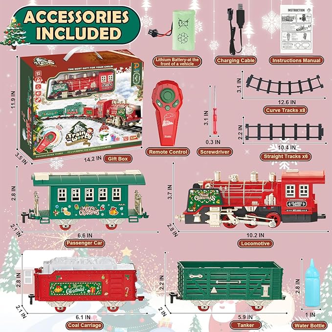 Christmas Train Set - Updated Remote Control Christmas Train Toys w/Smoke, Sounds, Lights, Rechargeable Electric Train for Around Christmas Tree, Train Toys Gifts for 3 4 5 6 7 8+