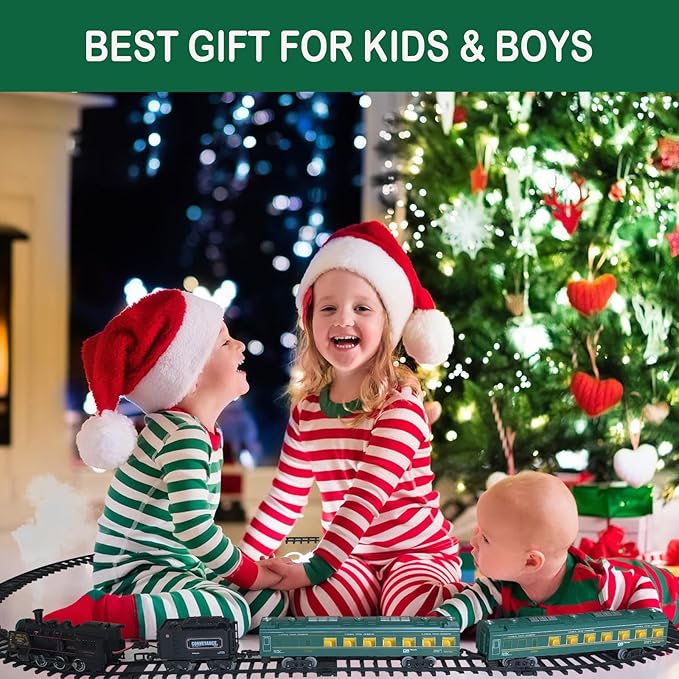 Electric Train Sets for Boys Girls Metal Alloy Christmas Trains Toys Steam Locomotive, Passenger Carriages, Tracks, Light & Sounds Rechargeable Birthday Gifts for Kids 3 4 5 6 7 8 + Years Old Green …