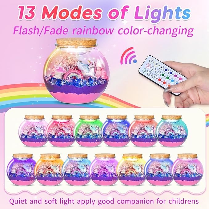 Unicorn Light-Up Terrarium - Sand Kit for Girls - LED Night Light Unicorn Toys Ages 4 5 6 7 8 - Birthday Gift for Girls - DIY Arts and Crafts Kit for Kids - Best Girls Presents