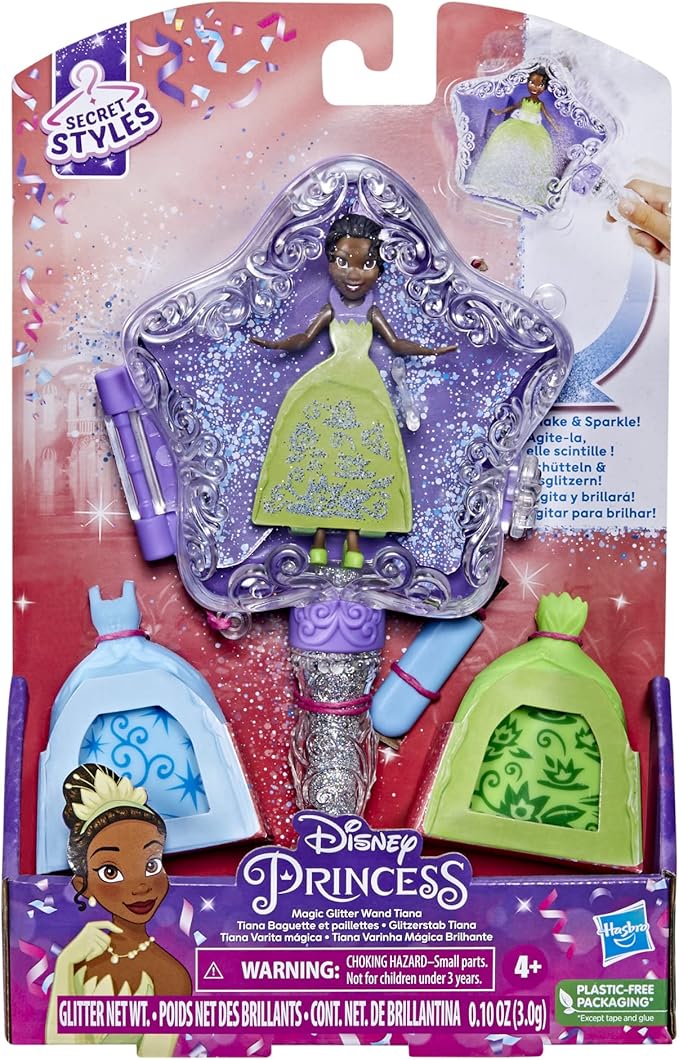 Disney Princess Secret Styles Magic Glitter Wand Tiana Doll and Wand Playset, Arts and Crafts Toy for Kids 4 and Up