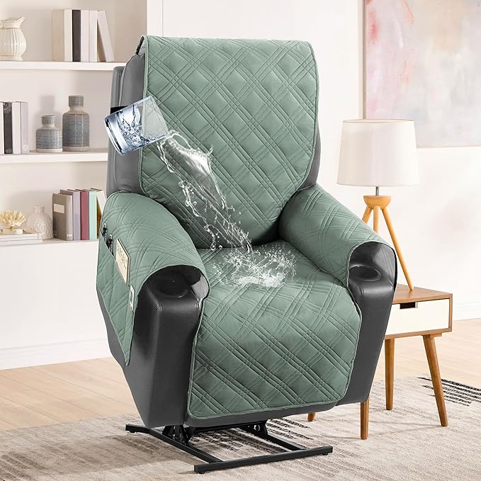 H.VERSAILTEX 100% Waterproof Recliner Chair Covers Anti-Slip Recliner Cover for Electric Power Lift Recliner Chair Washable Recliner Slipcover with Pocket, Elastic Straps for Pets, Dogs,Lily Pad/Beige
