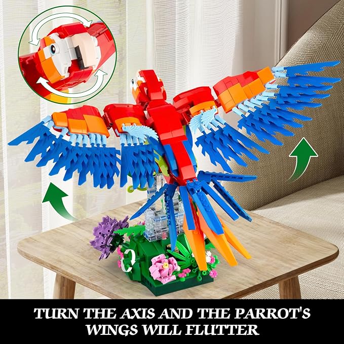 Parrot Floral Building Set, MOC Flower and Parrot Collectible Table Art Kit, Creator 2 in 1 Animals Bird Ideas Gifts Toys for Adults and Kids Age 12+ (1176 PCS)