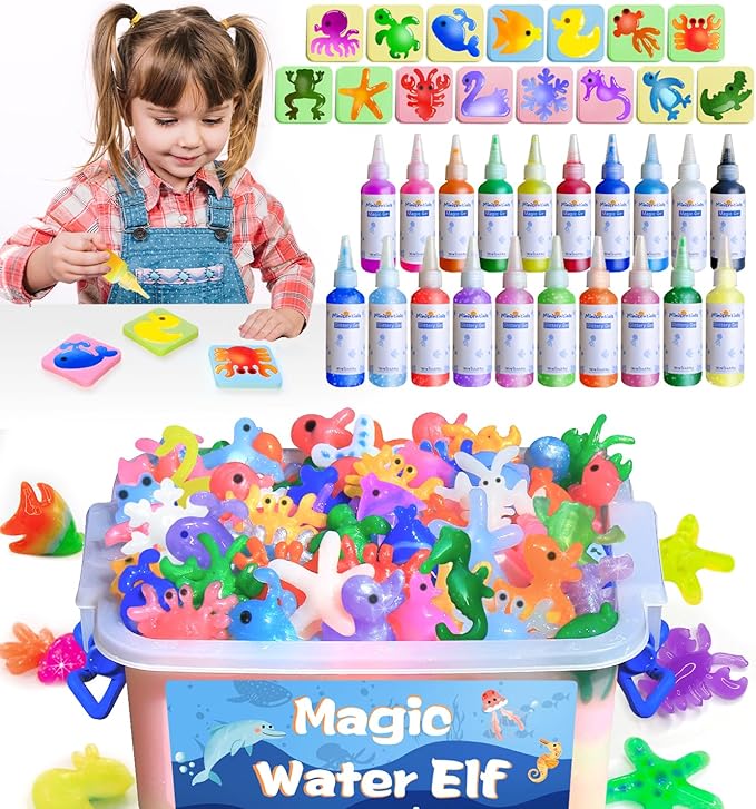 MINISENTIALS Magic Water Elf Toy Kit - 20 Colors Aqua Art Gel 100ml Jumbo Size Famliy Set - 15 Sea Creature Molds Magic Fairy Squishy Maker - Party Favor Birthday Christmas Gift for Kids