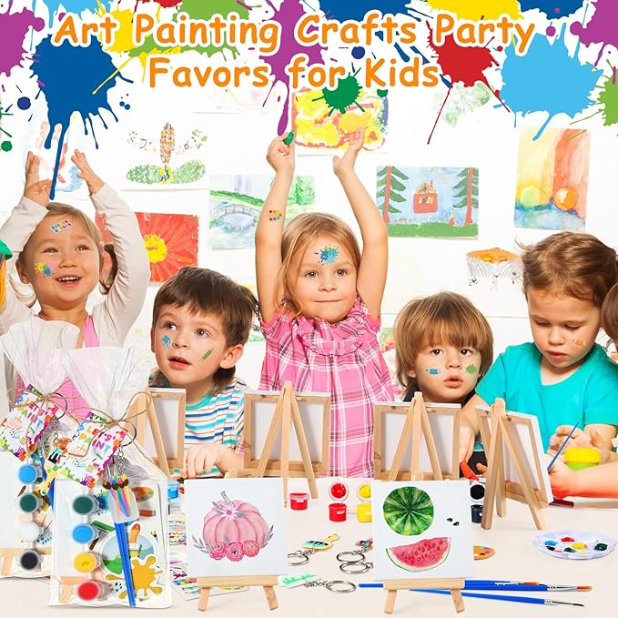 HyDren Paint Party Favors Include Mini Watercolor Paint Set Small Painting Canvas with Easel Palette Brush Paint Stickers Tattoo Sticker Keychain for Class Birthday Art Party(206 Pcs, Classic Style)
