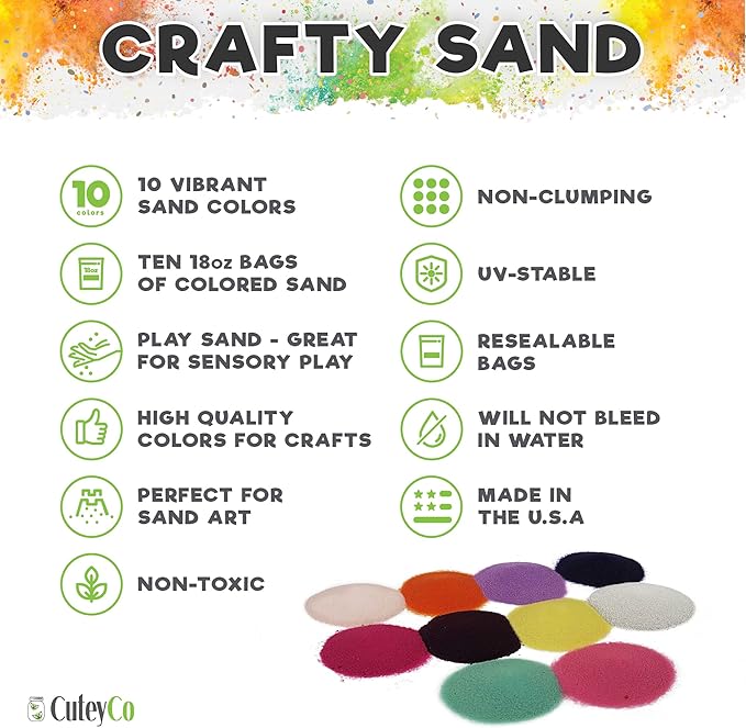 CuteyCo Crafty Sand Pack - 10 Colors: 11 lbs of Vibrant Craft Sand & Play Sand for Girls